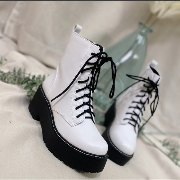 White Lace Up Platform Combat Boots - Picture 2 of 12